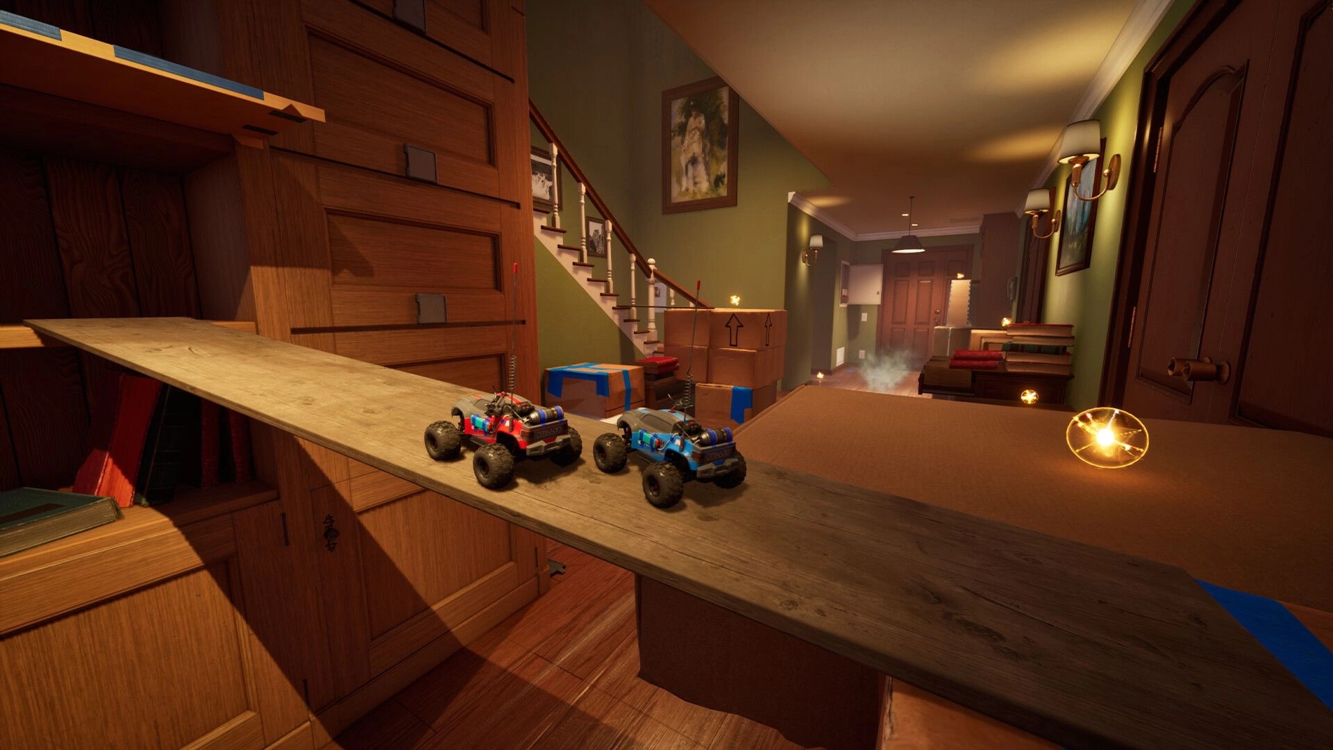 WheelMates: Two RC cars on a ramp in a cozy hallway filled with boxes and glowing orbs