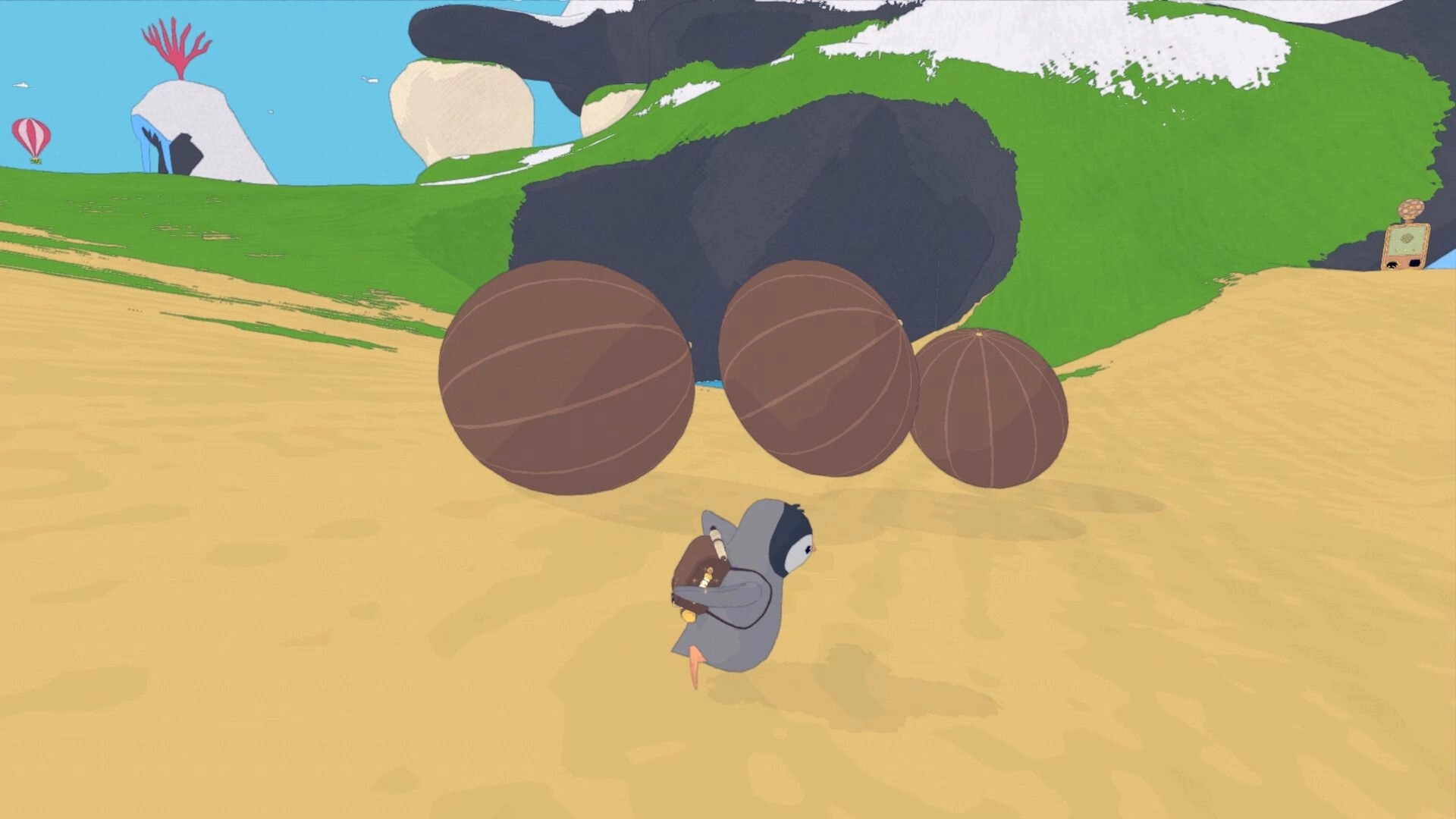 Whelm: Penguin character rolling large coconuts on a sunny beach with distant hills and strange balloon