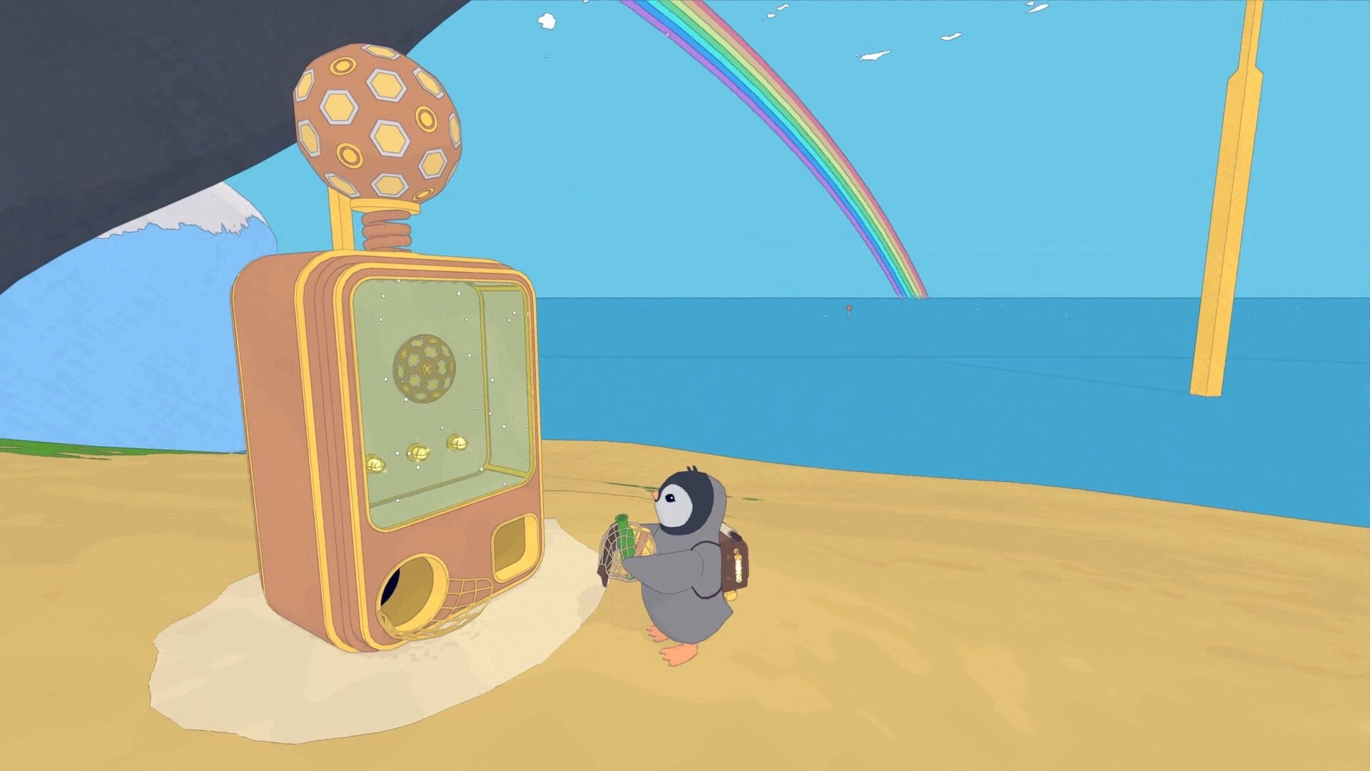 Whelm: Penguin character interacts with strange machine on a sunny beach under a vibrant rainbow
