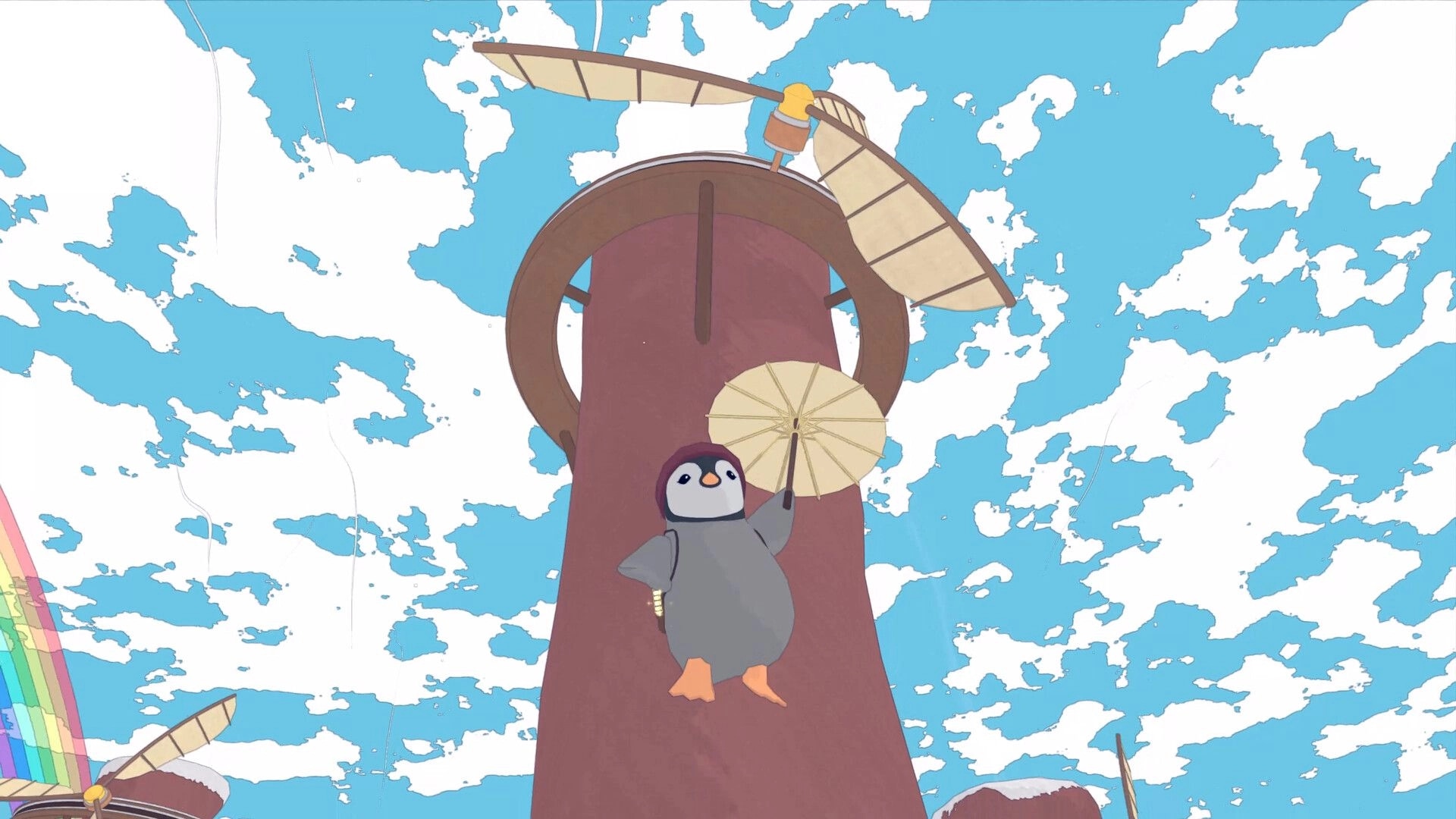 Whelm: Penguin holding umbrella ascends tower with windmill under blue sky with scattered clouds