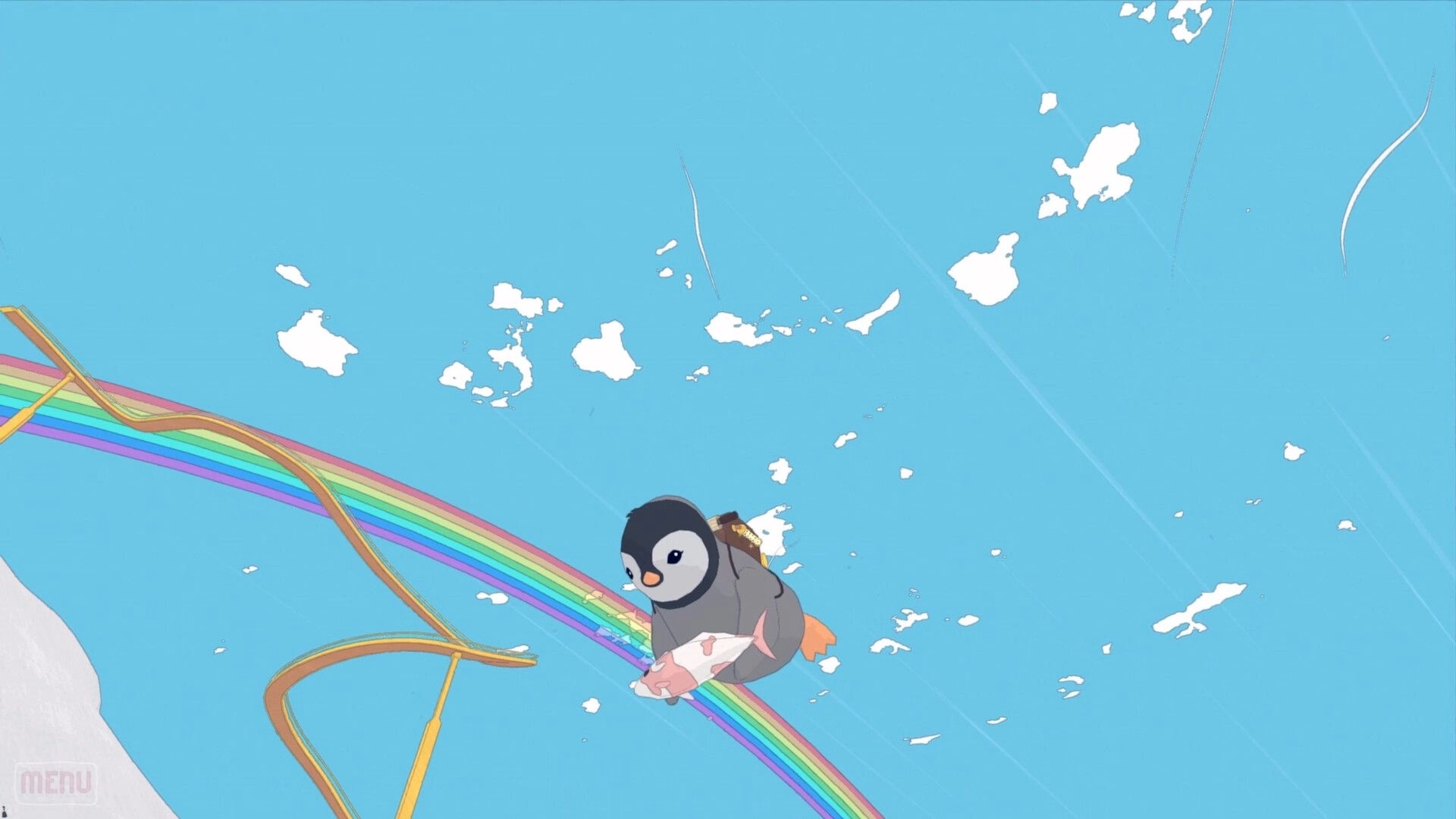 Whelm: Penguin character gliding on a rainbow in a clear blue sky with scattered white clouds