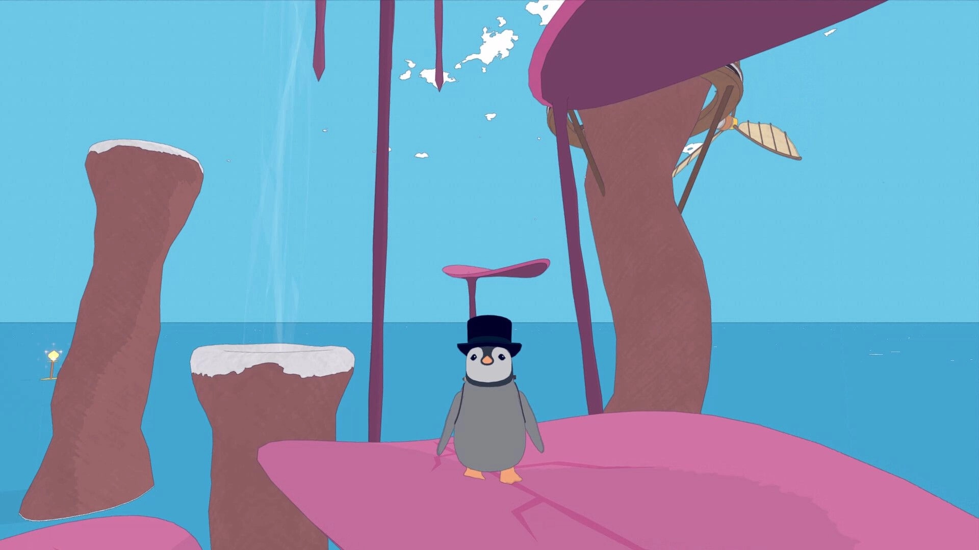 Whelm: Penguin wearing a top hat stands on pink platform in whimsical, oceanic landscape