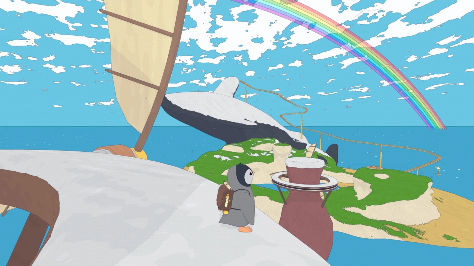 Whelm: Penguin character on a cliff overlooking islands with a winding path and a rainbow in the sky.