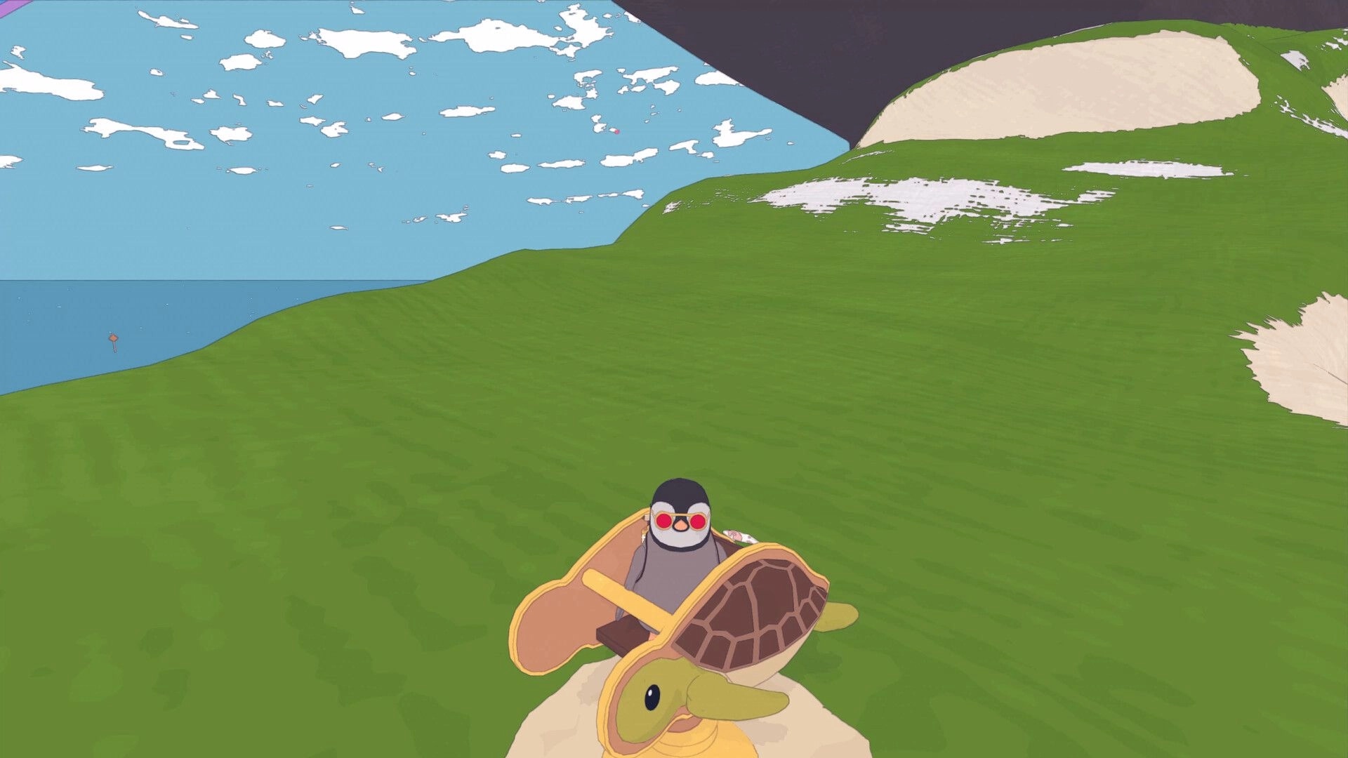 Whelm: Penguin character riding a turtle on grassy hills under a bright sky with scattered clouds