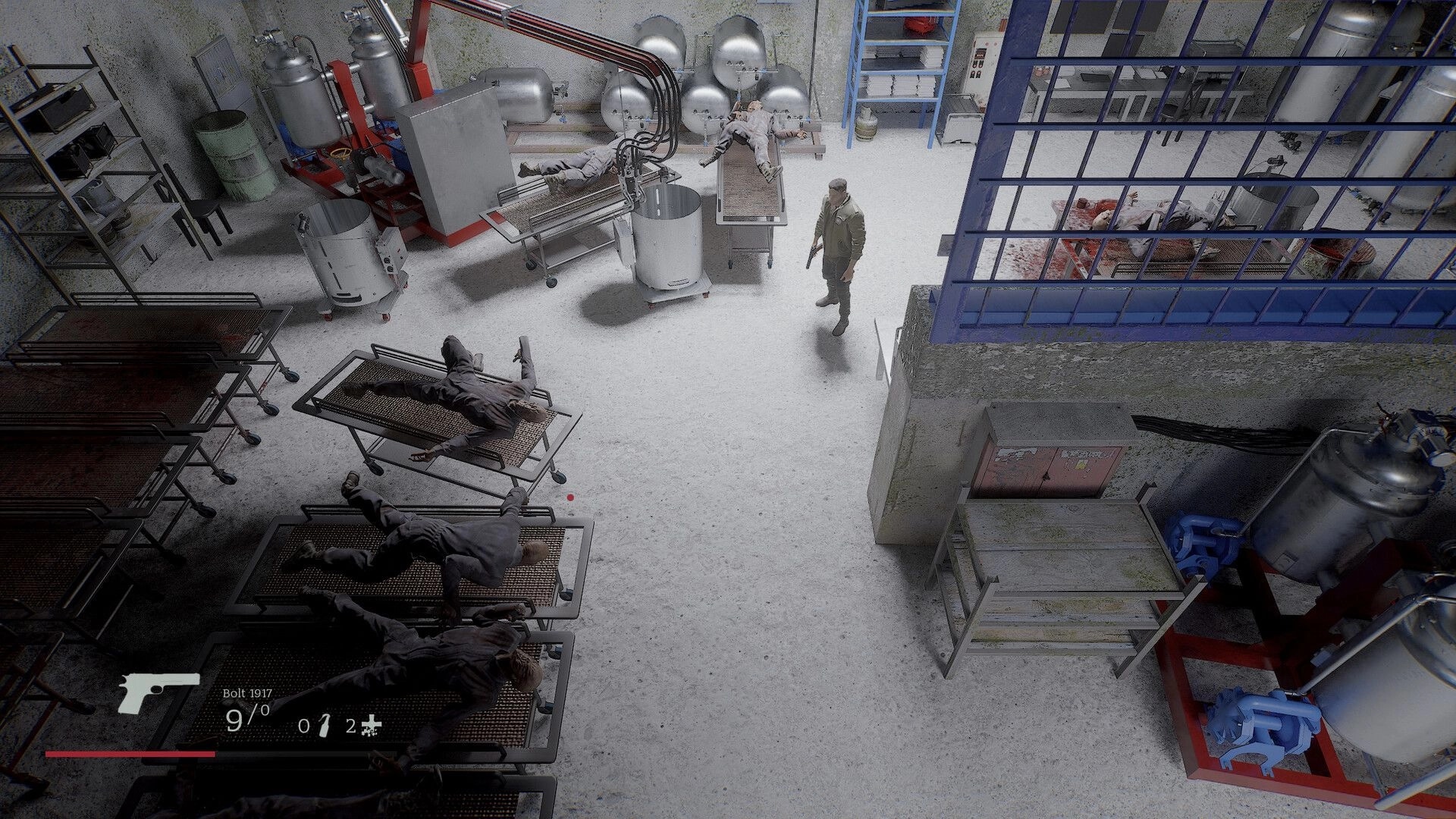 Where the forest ends: Player with gun explores industrial facility with corpses and machinery around.