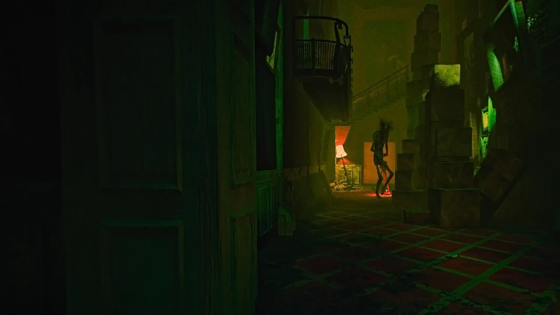Where They Go: Nia hides in dim hallway as a shadowy creature lurks near stacked boxes in eerie hotel.