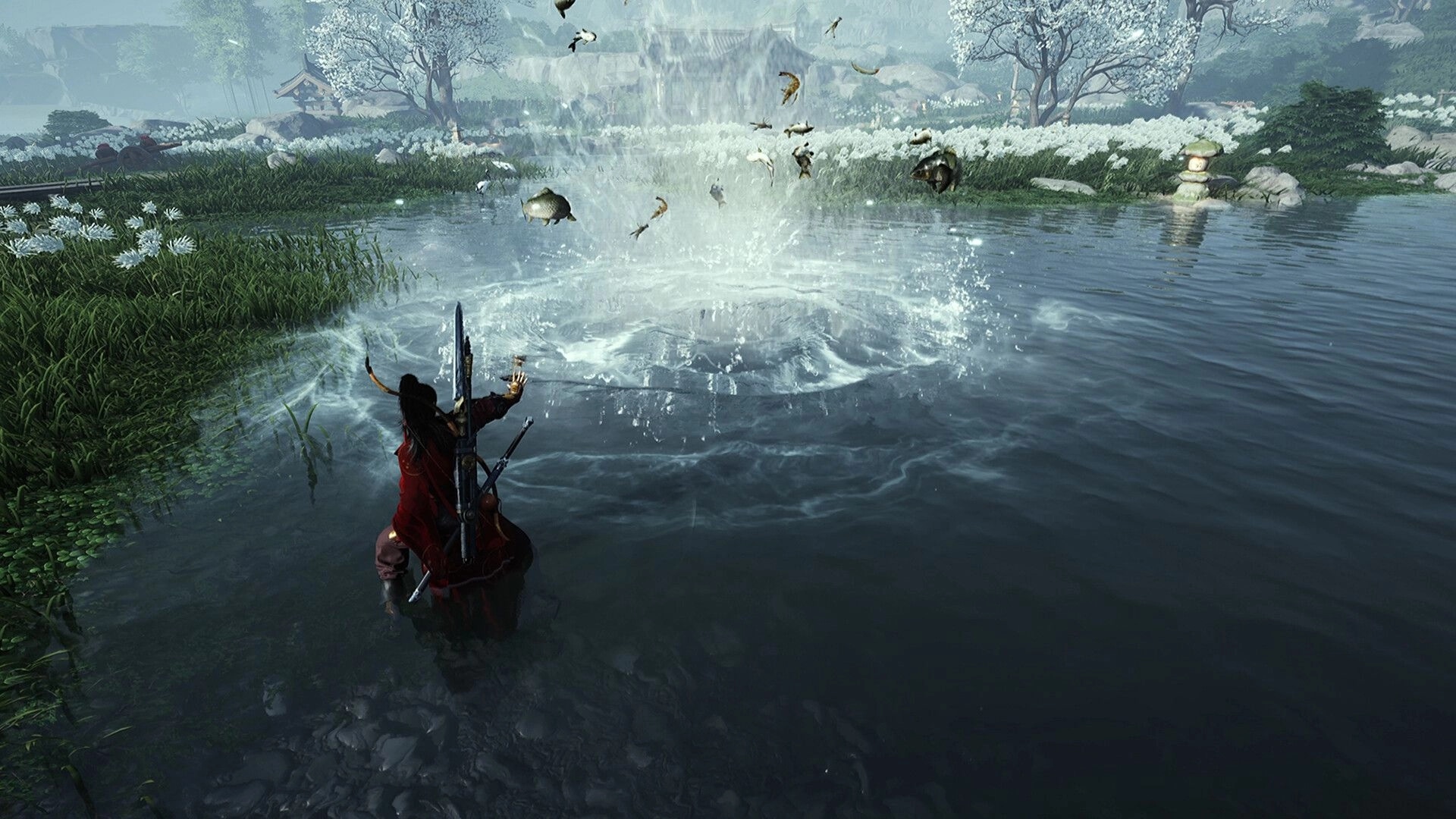 Where Winds Meet: Sword master conjures water vortex in serene pond amidst blooming trees and distant hills.