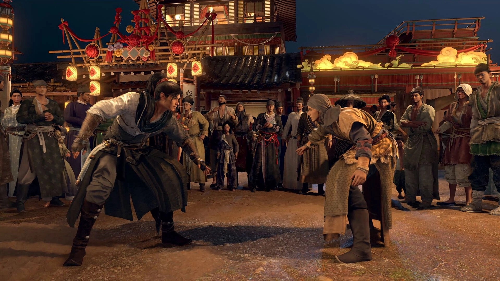 Where Winds Meet: Two characters facing off in a lively market, surrounded by onlookers and lanterns.