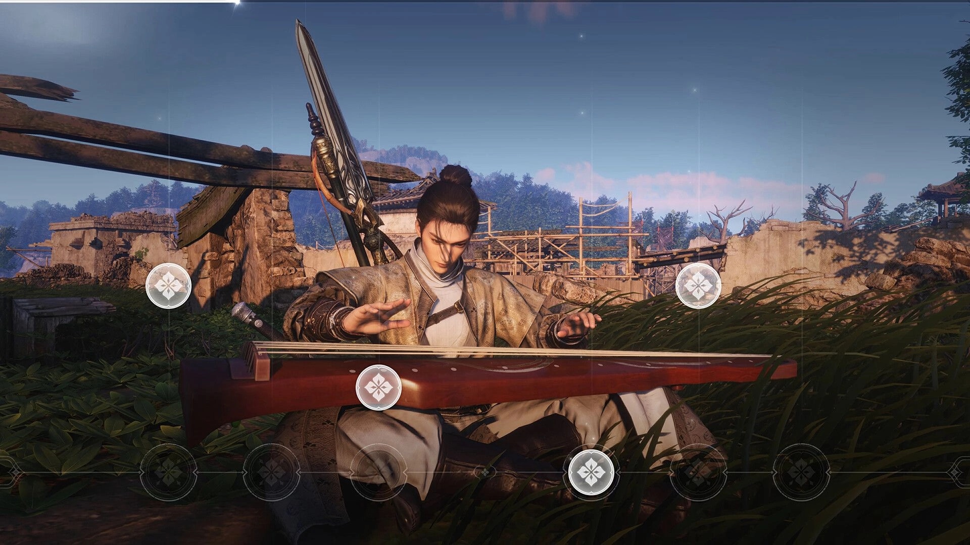 Where Winds Meet: Young sword master playing a guqin in a ruined village surrounded by lush greenery.