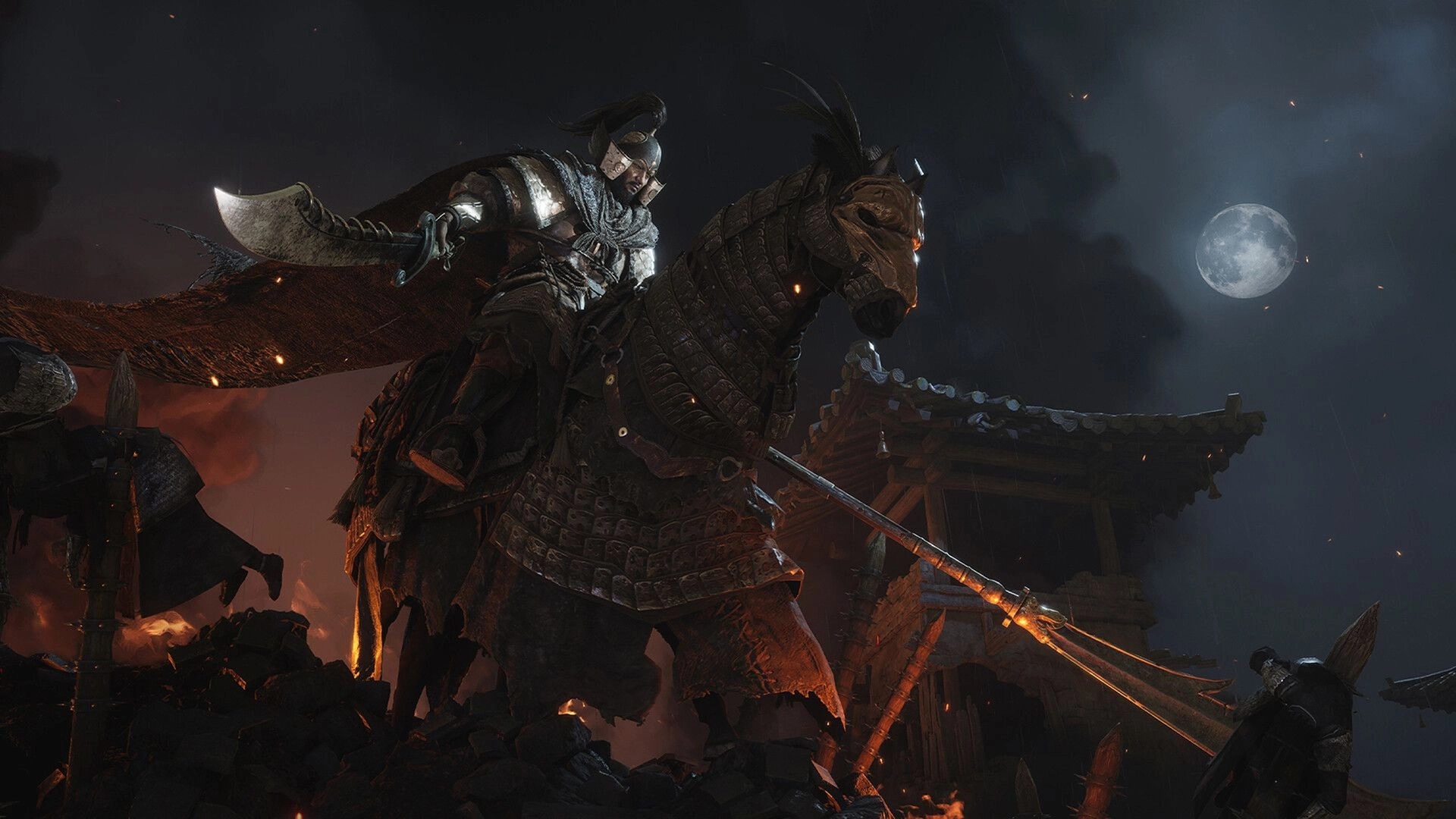 Where Winds Meet: Armored warrior on horseback under moonlit sky, ancient Chinese architecture in background