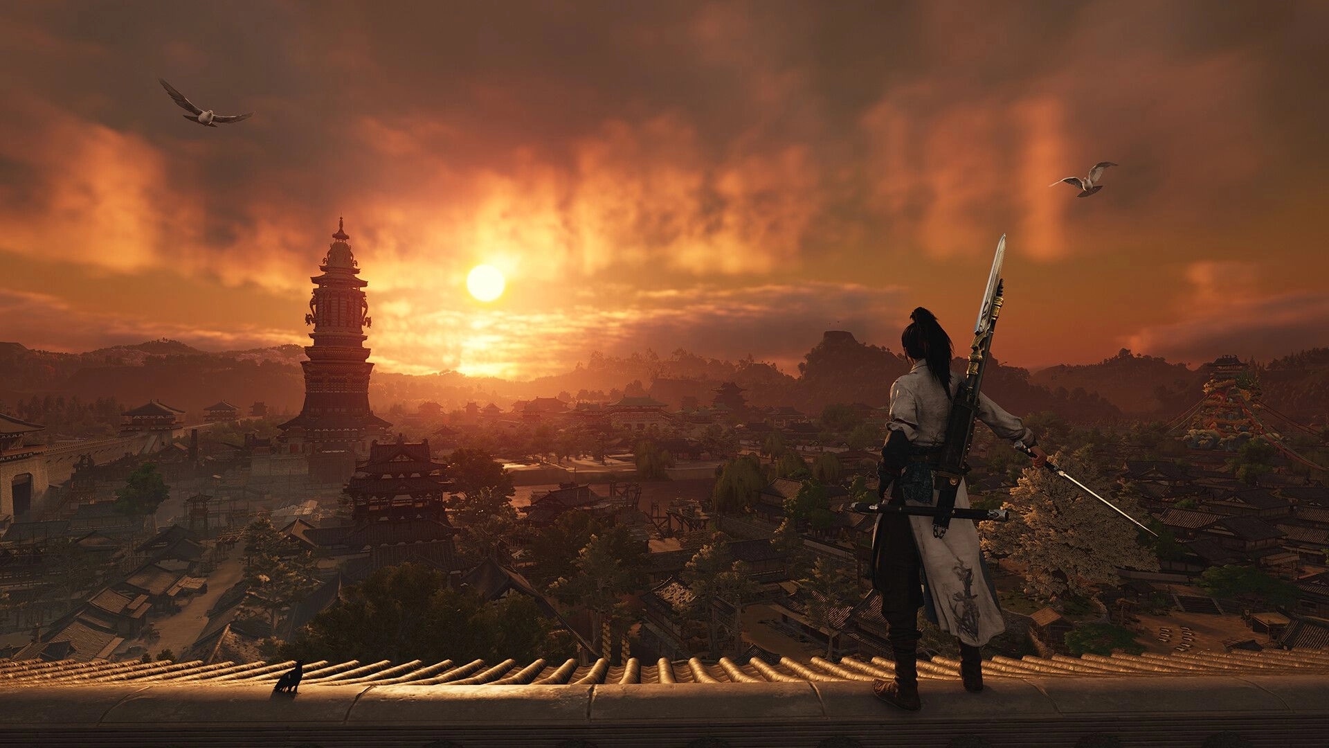 Where Winds Meet: Sword master overlooking ancient Chinese city at sunset from rooftop ledge