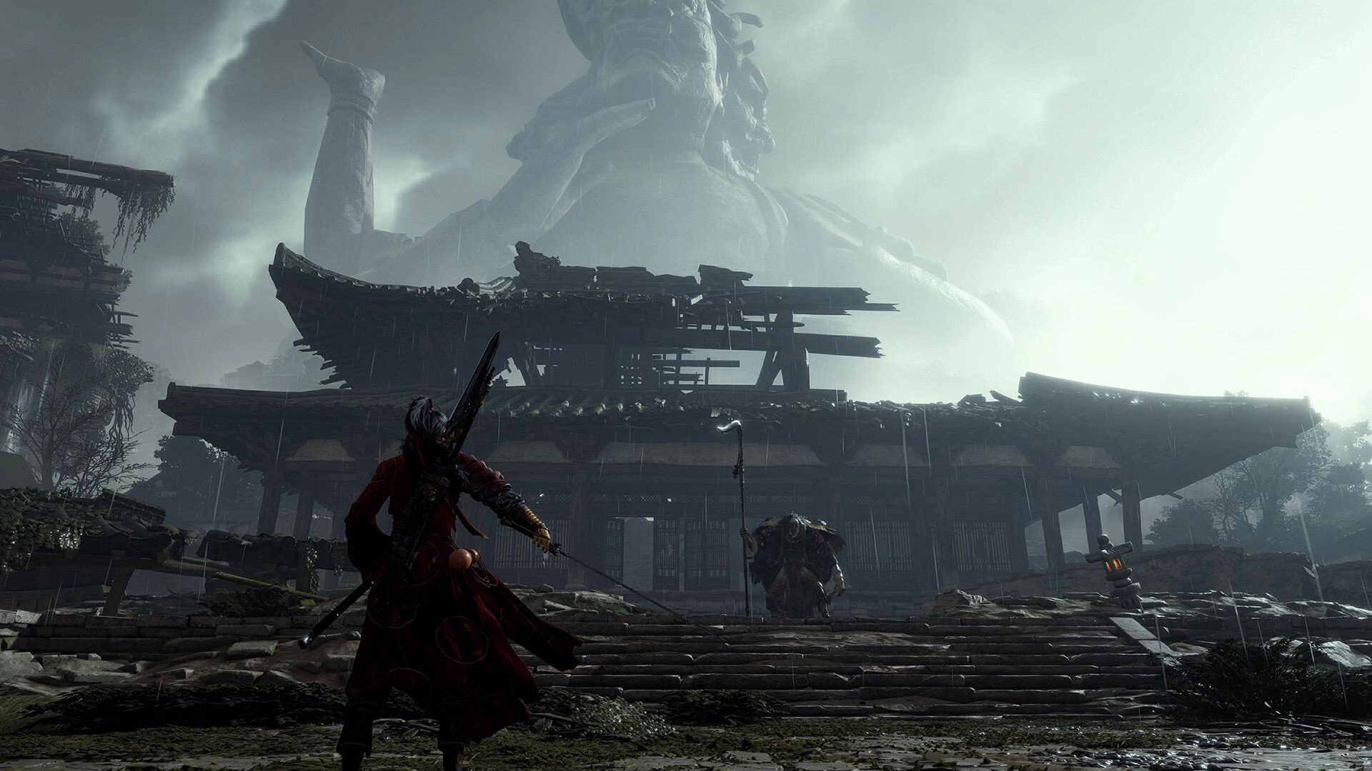 Where Winds Meet: Sword master confronts enemy in front of a ruined temple under a massive stone statue