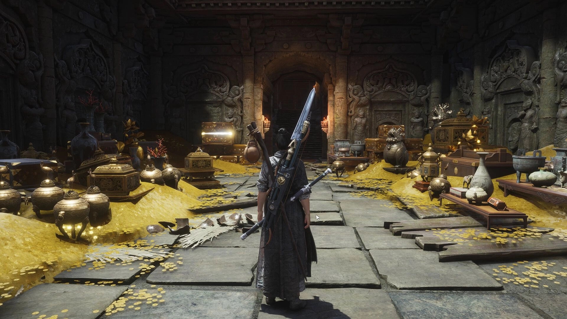 Where Winds Meet: Sword master in treasure-filled ancient vault with gold coins and ornate artifacts