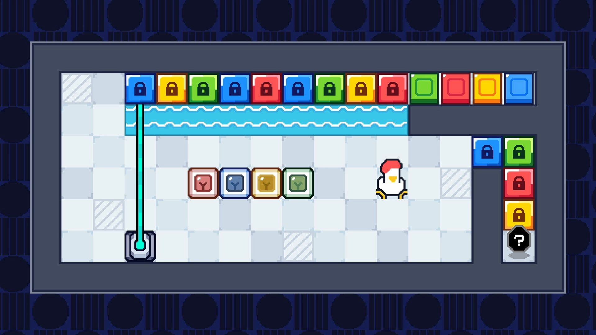 where's my egg?: Chicken dad on a grid with colored lock blocks and movable color-coded boxes