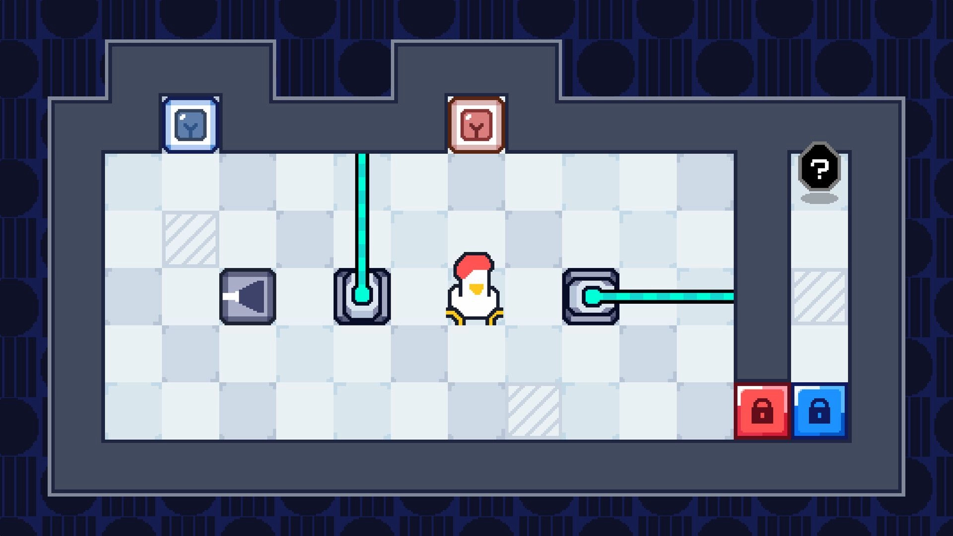 where's my egg?: Chicken dad in puzzle level with pipes and locked doors, navigating tiled grid room