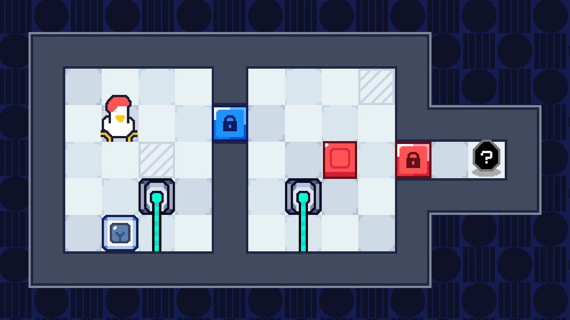 where's my egg?: Chicken dad navigates puzzle grid with colored locks and question mark egg tile
