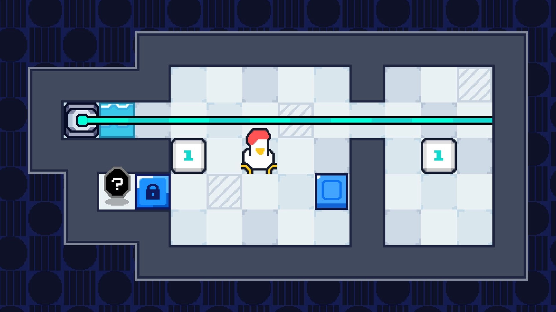 where's my egg?: Chicken dad stands in puzzle grid with numbered tiles and locked door in a tiled room