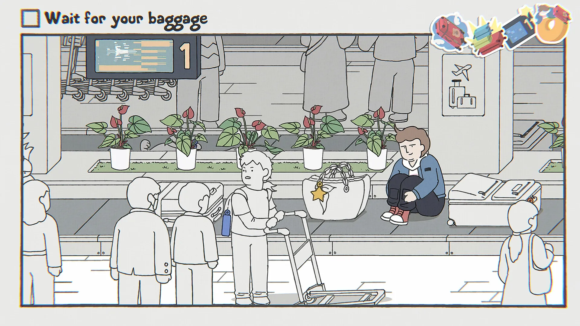 While Waiting: Passengers at baggage claim with plants and a sitting person in an airport setting