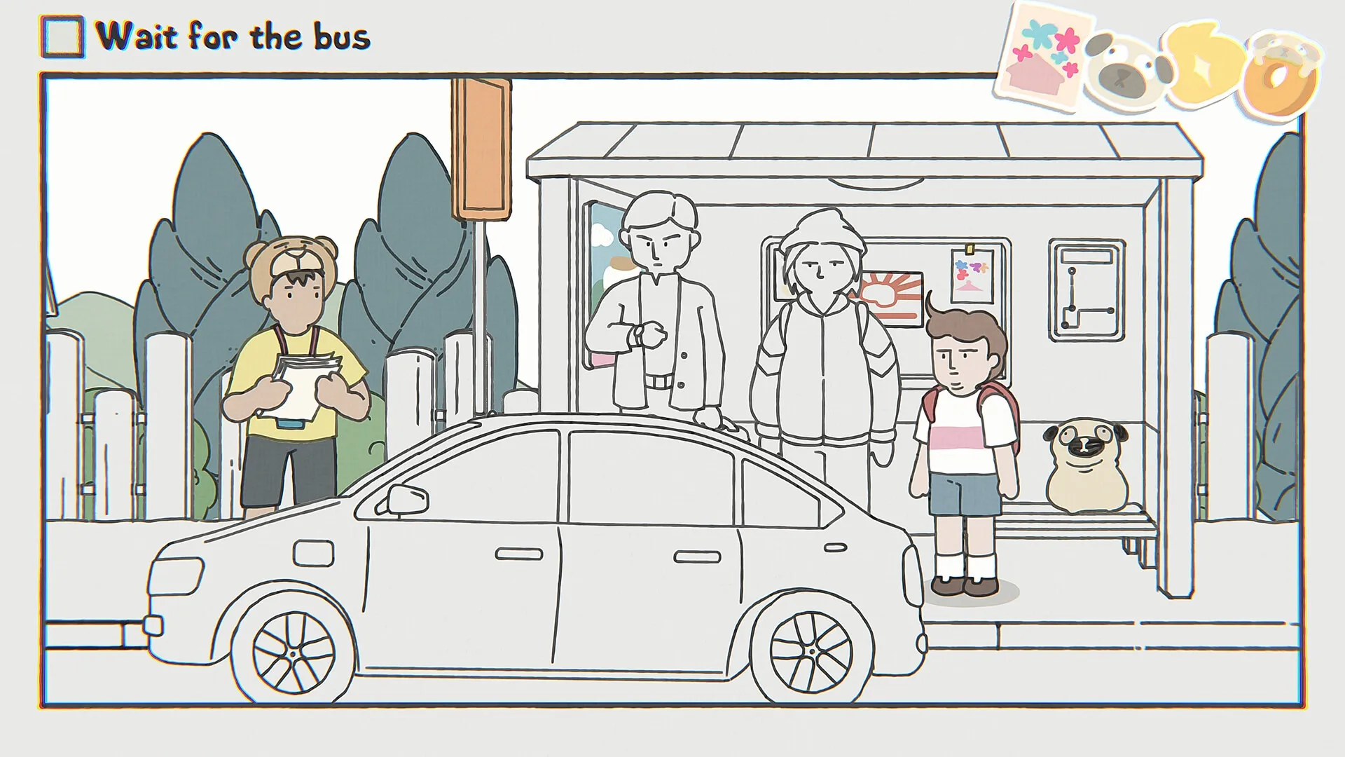 While Waiting: Characters at a bus stop with checklist UI, car in foreground, trees in background