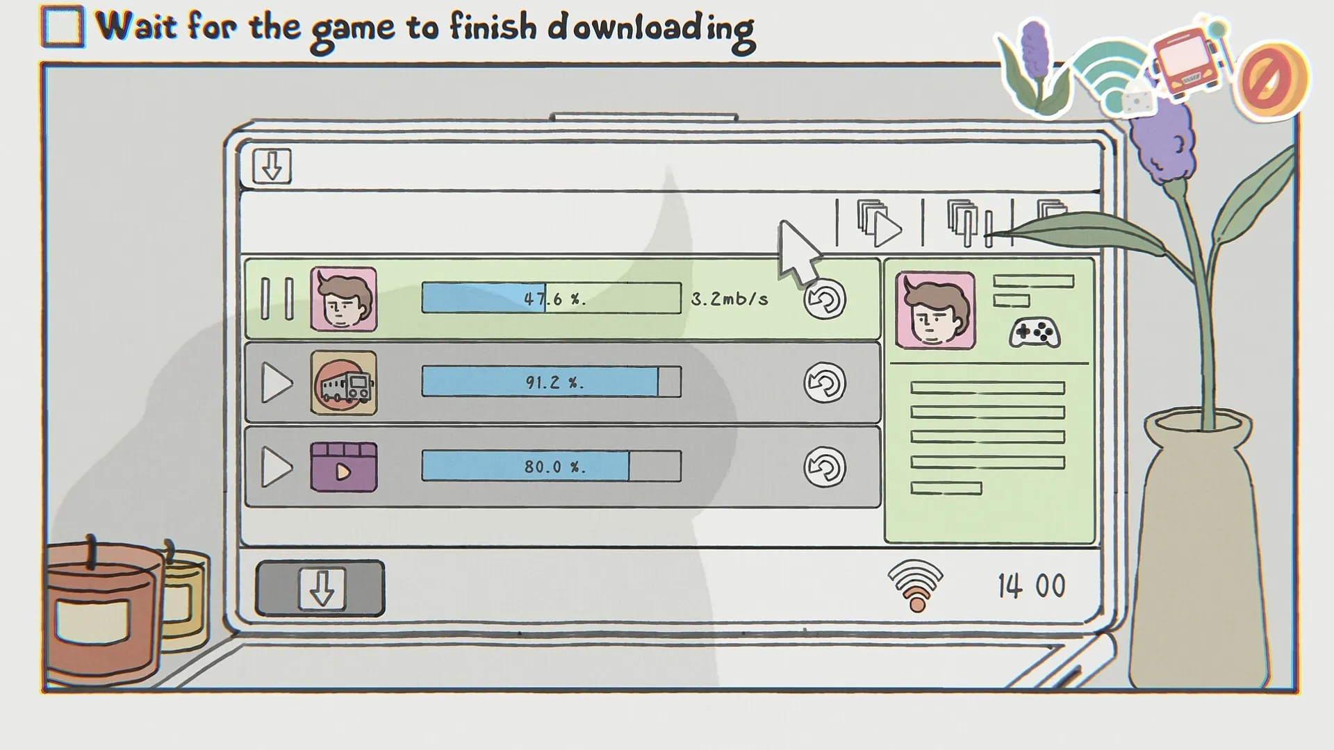 While Waiting: Download progress bars with icons and a vase with flowers in a cozy room setting