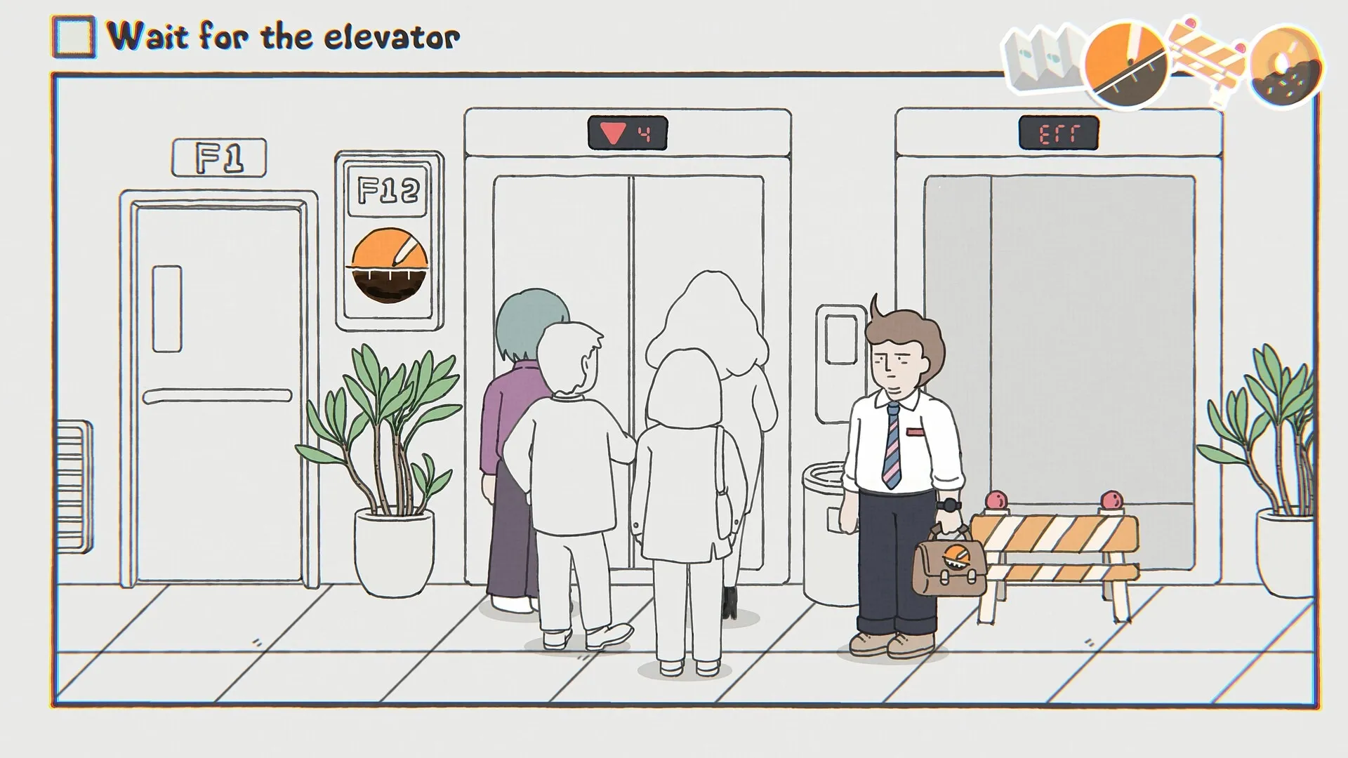 While Waiting: Characters standing before closed elevator doors in office building corridor