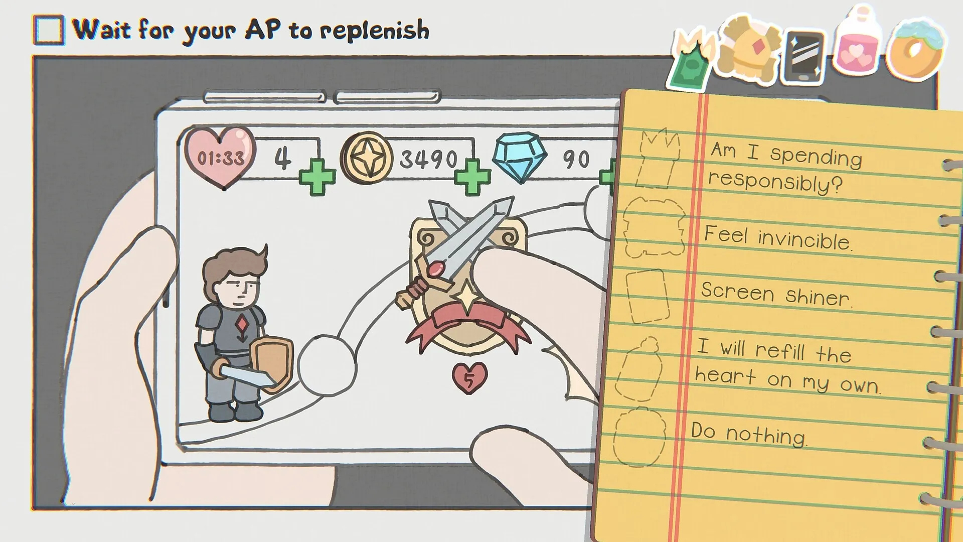 While Waiting: Character holds sword and shield in menu with timer and options list in notebook interface