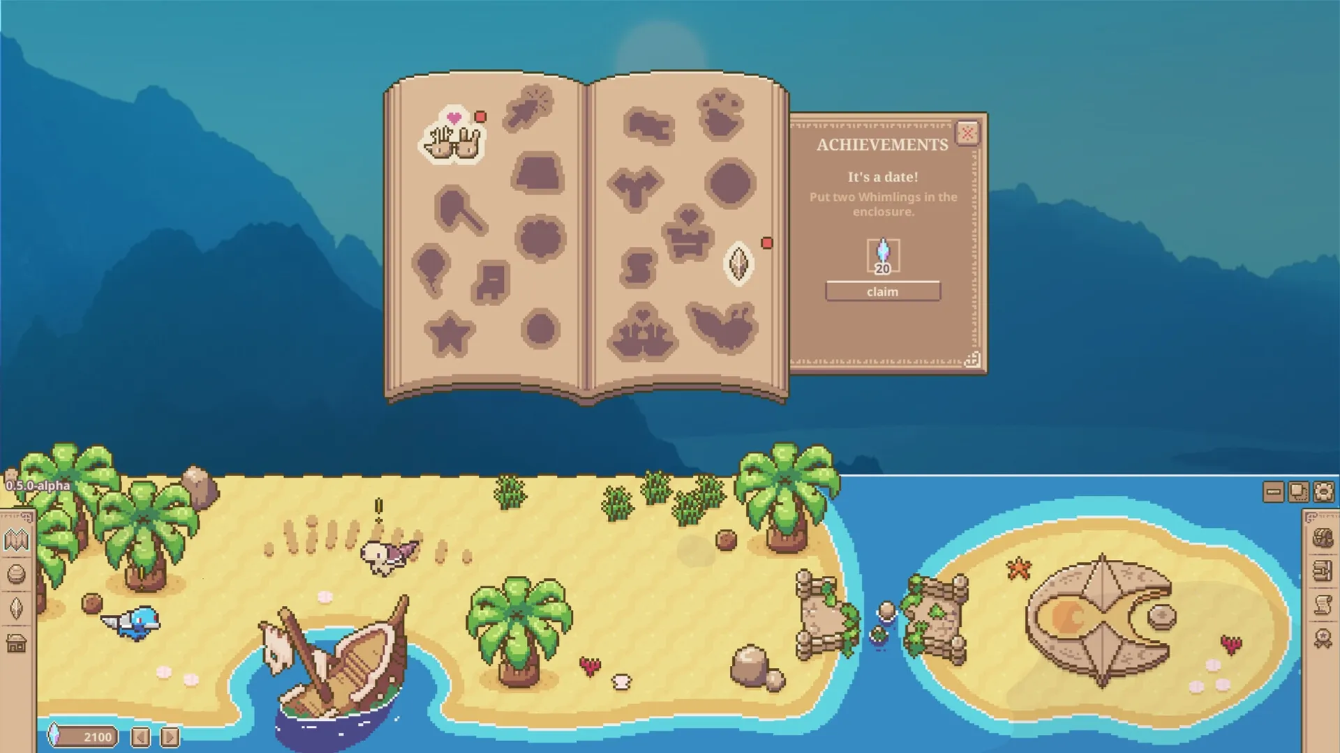 Whimside: Open creature journal and achievement popup in a tropical island setting with palm trees.