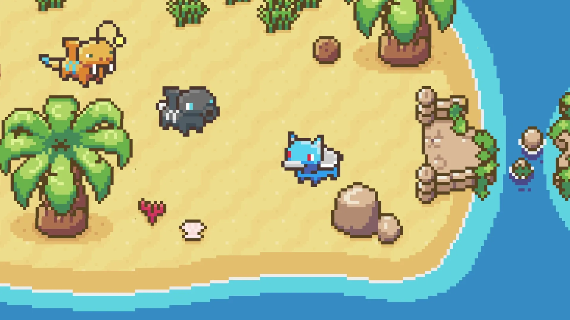 Whimside: Three creatures explore a sandy beach with palm trees and ocean waves in the background.