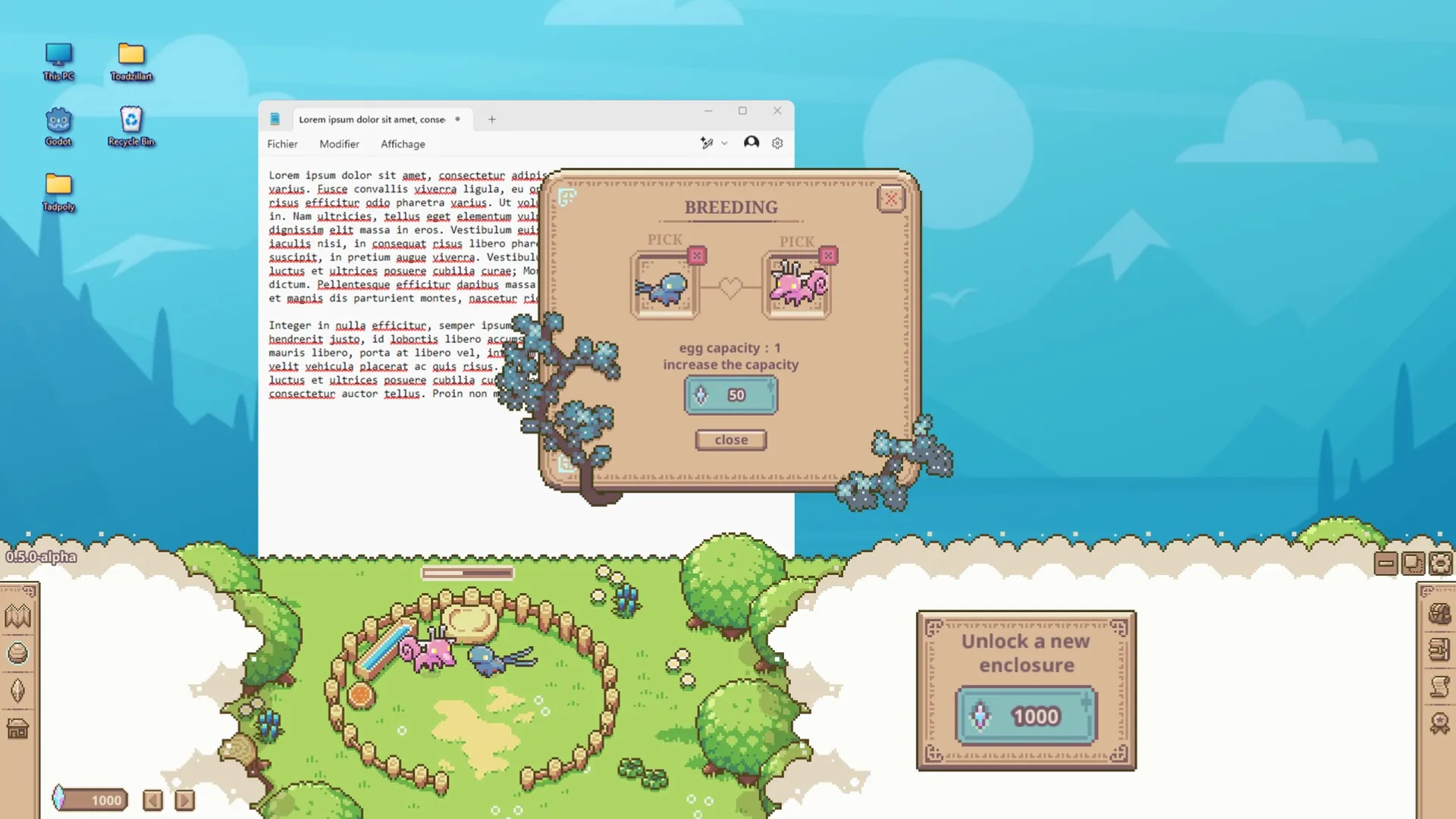 Whimside: Breeding menu with creatures in a whimsical enclosure and unlockable enclosure option.