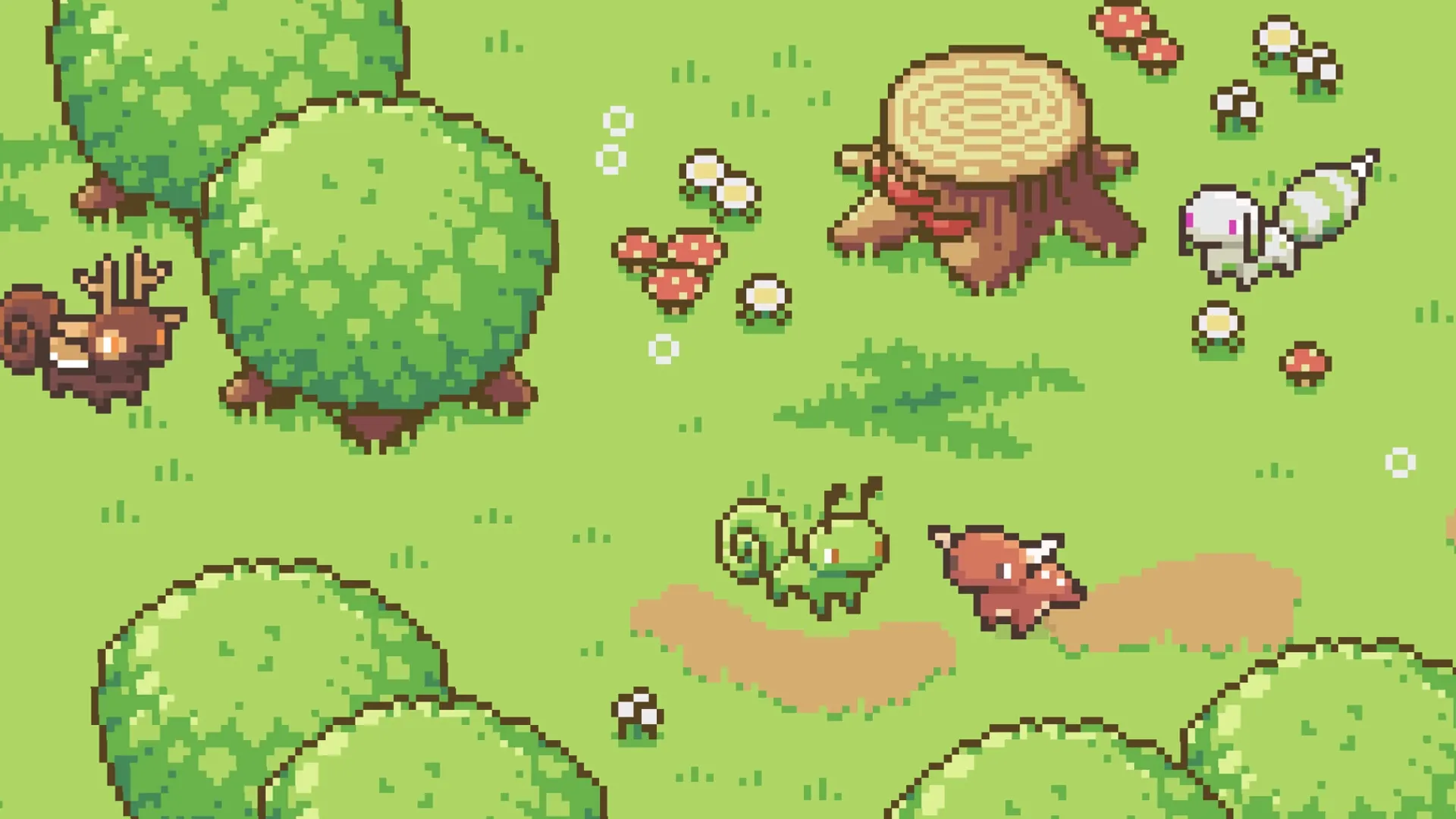 Whimside: Creatures explore a lush forest clearing with trees, mushrooms, and a large tree stump.
