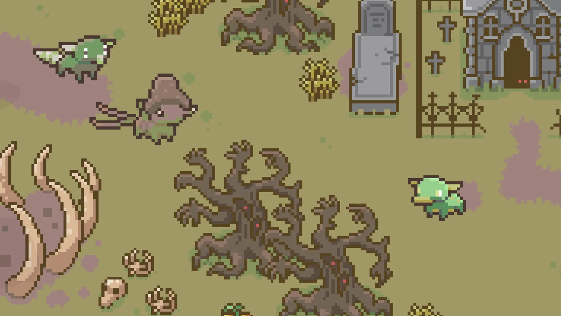 Whimside: Creatures explore a graveyard with tombstones and bare trees in a pixel art style.