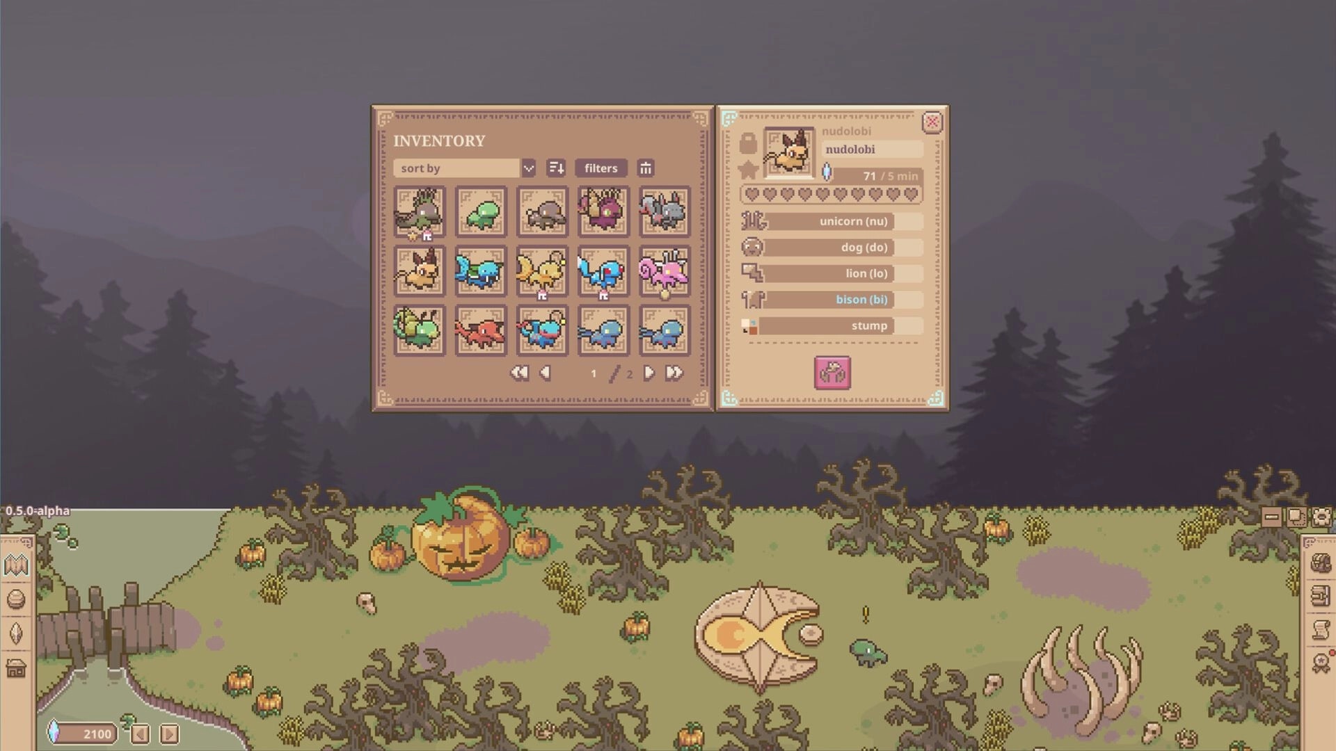 Whimside: Creature inventory menu with various species in a forest setting with pumpkins and trees.