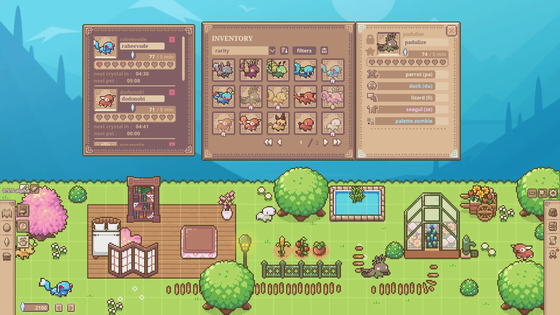 Whimside: Creature inventory and habitat overview with rabeevode and dodonobi in garden setting