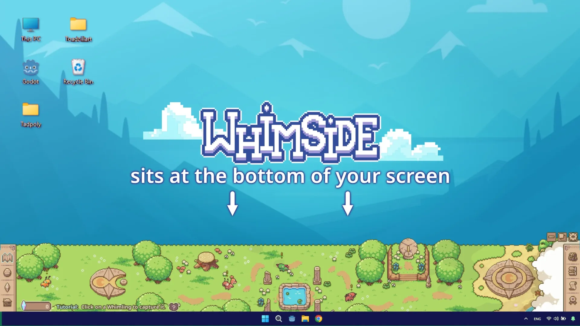 Whimside: Title screen with whimsical landscape and tutorial UI at bottom of desktop screen