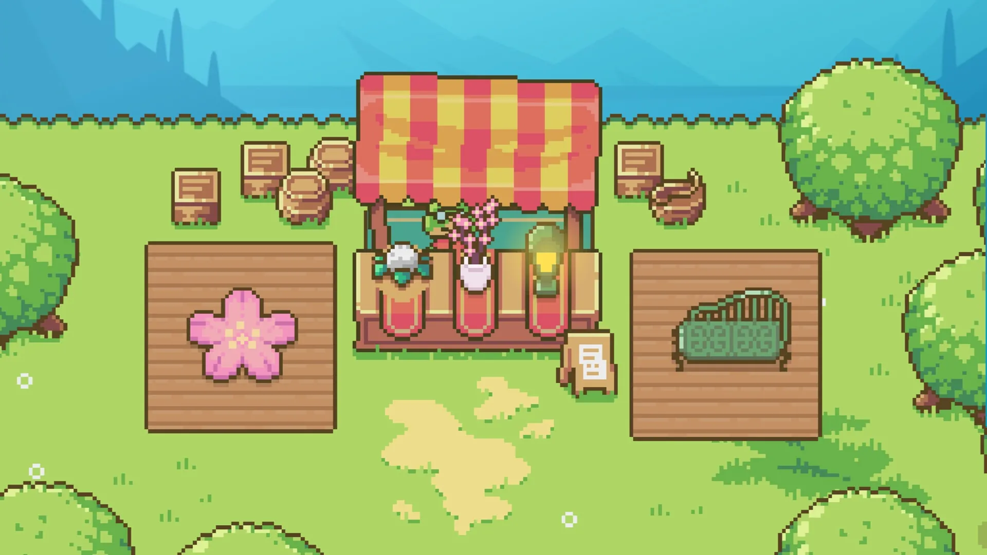 Whimside: Market stall with colorful canopy surrounded by trees and wooden platforms in grassy area