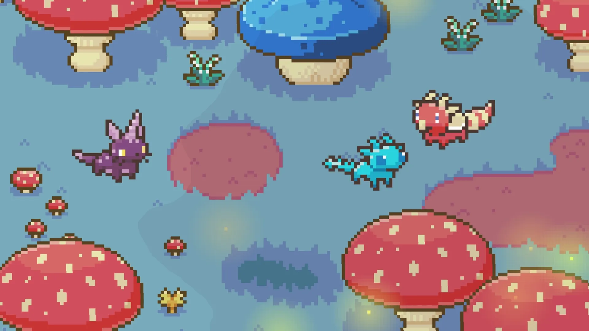 Whimside: Colorful creatures roam a whimsical forest with giant mushrooms and glowing patches