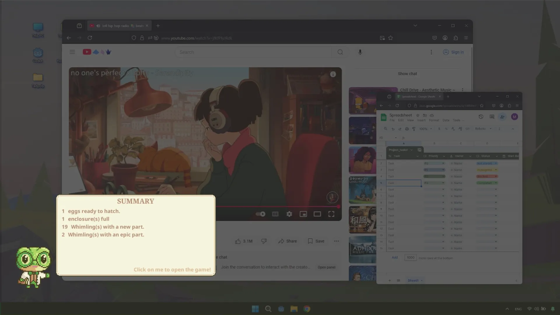 Whimside: Summary window with creature status over desktop with video and spreadsheet open