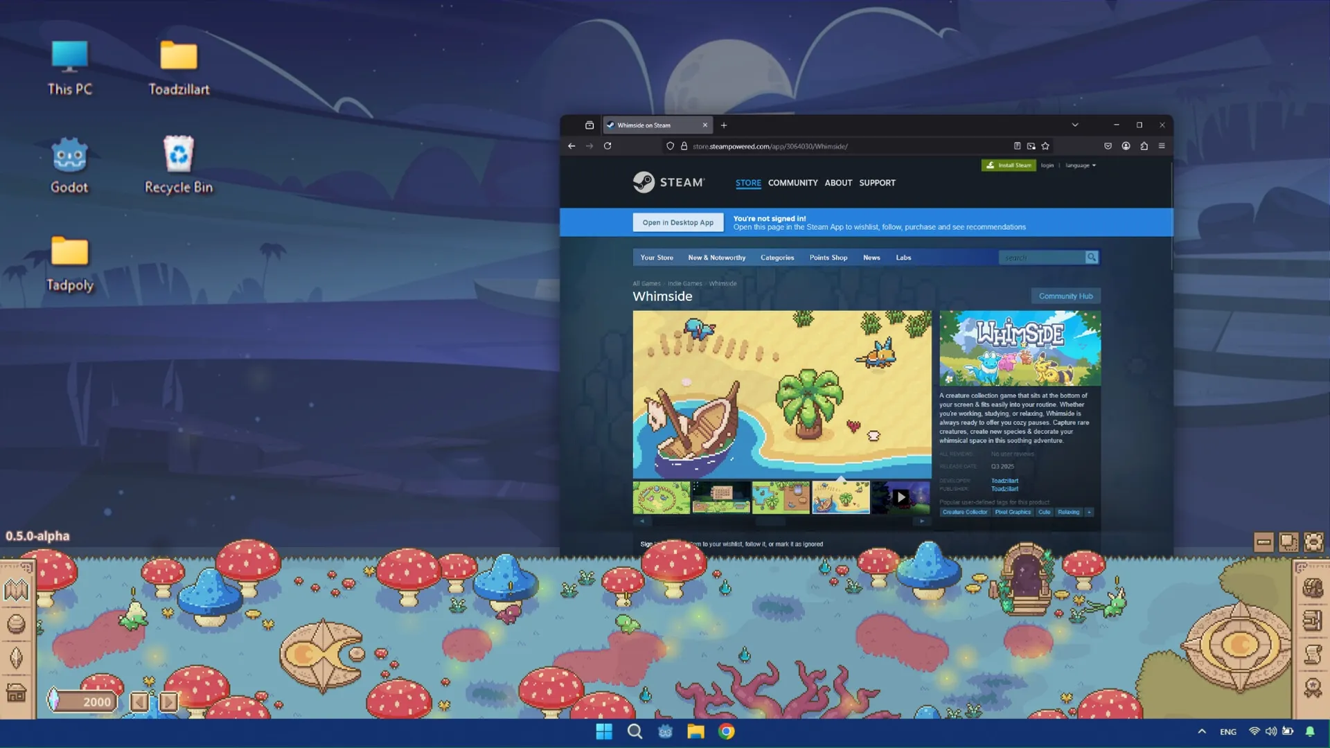 Whimside: Desktop view with Steam page open and whimsical mushroom-themed game interface below