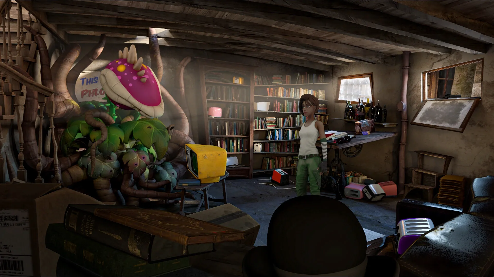 Whirlight: Margaret confronts a giant plant in a cluttered basement filled with books and old electronics.