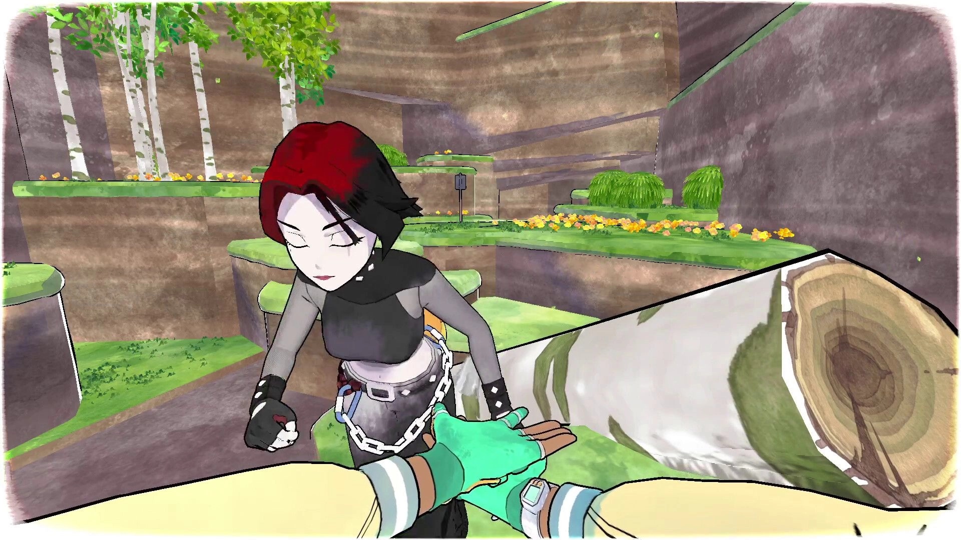 Whisk: Player character reaches to help partner jump across a gap in a lush, green platforming level