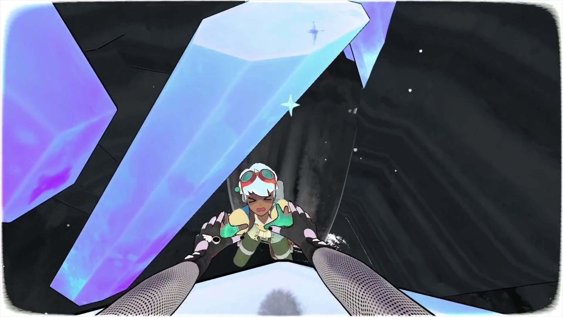 Whisk: Character climbing a giant crystal in a dark cave environment, with colorful reflections visible