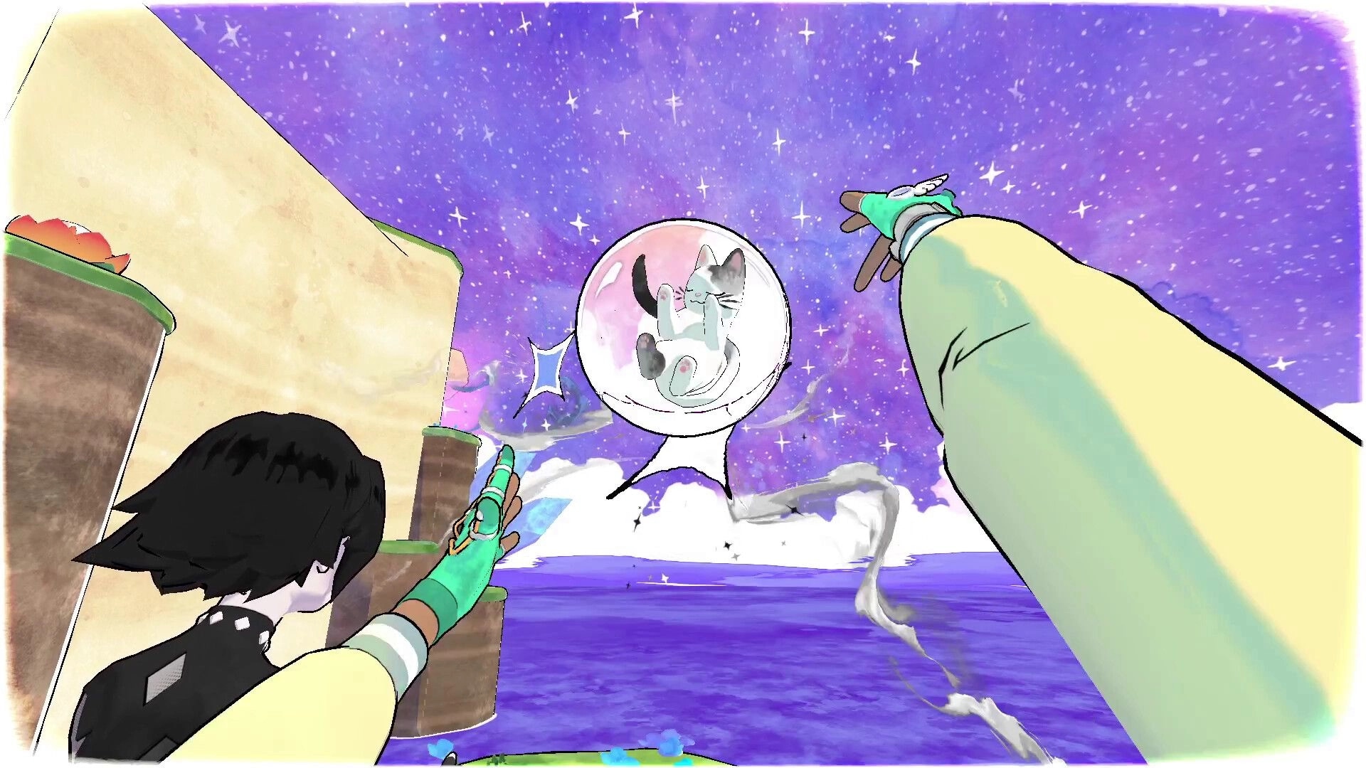 Whisk: Two players reach towards a floating Dreamcat in a bubble, set against a starry purple sky.