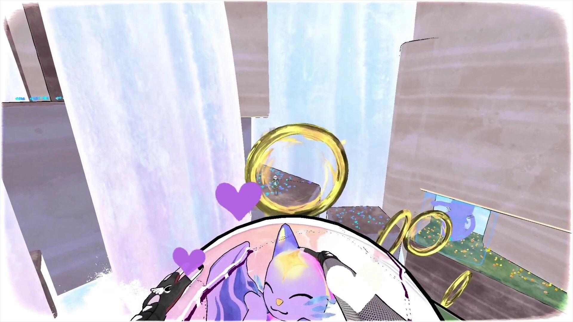 Whisk: Dreamcat with hearts in a platformer level, golden rings, and waterfalls in background.