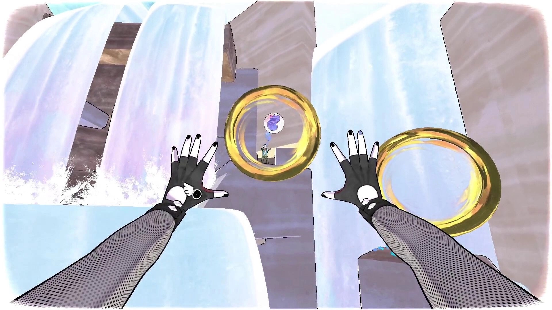 Whisk: First-person view of gloved hands reaching through golden rings in a waterfall canyon setting.