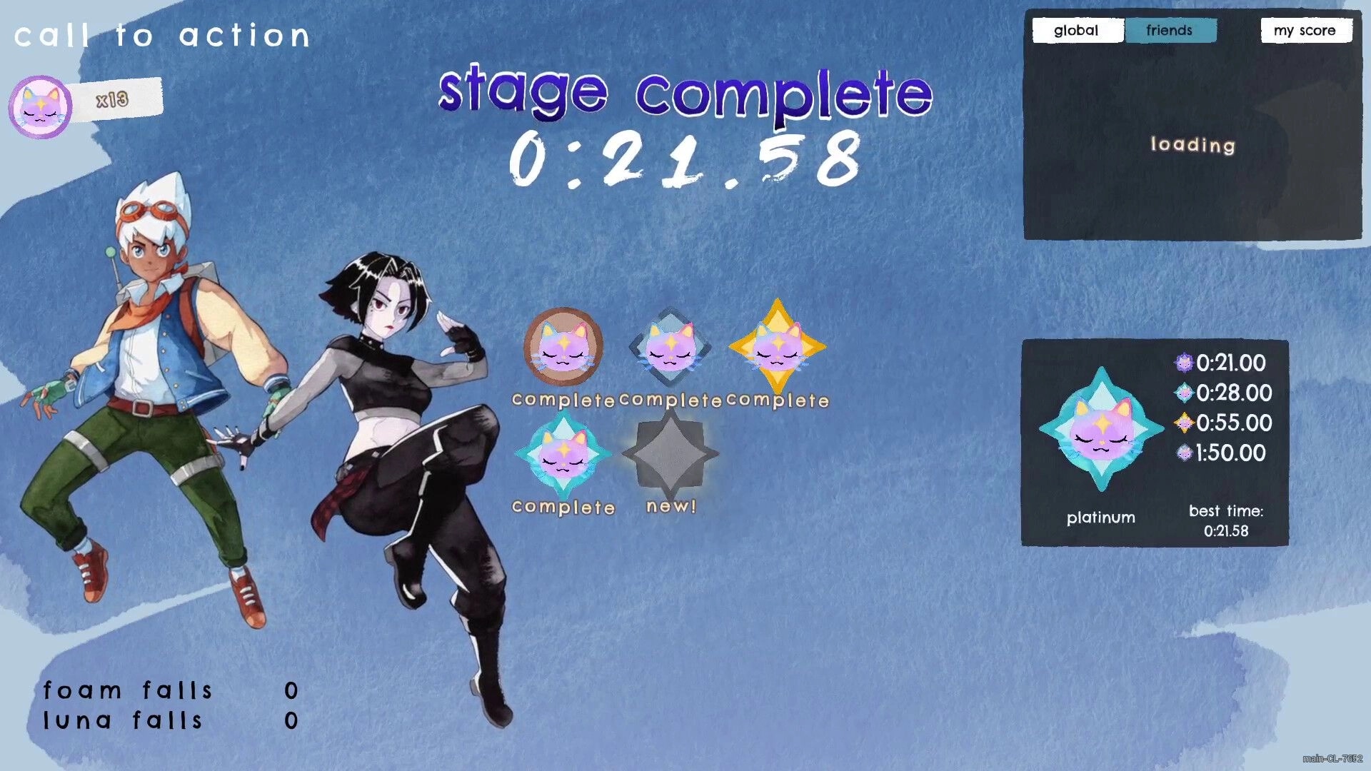 Whisk: Stage complete screen with two characters, time score, and Dreamcat medals displayed