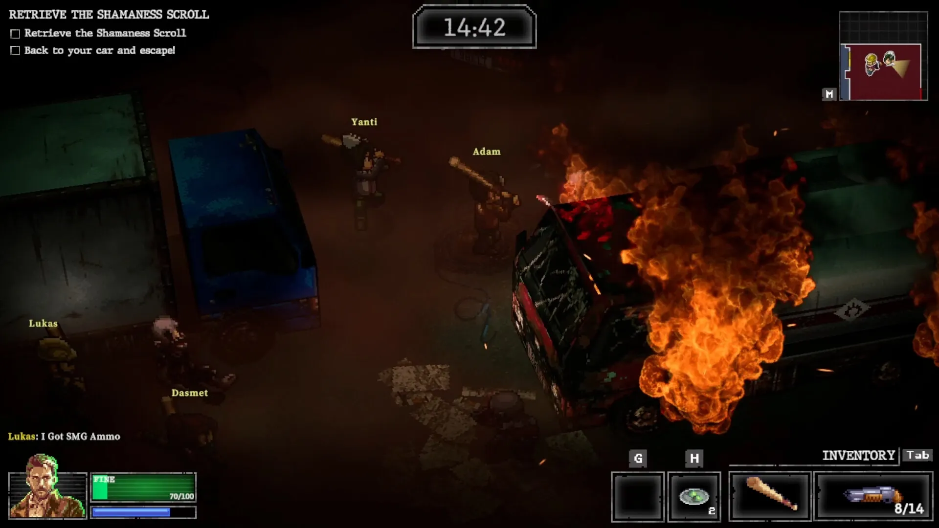 Whisper Mountain Outbreak: Characters Lukas, Yanti, and Adam navigate burning vehicles on Mount Bisik