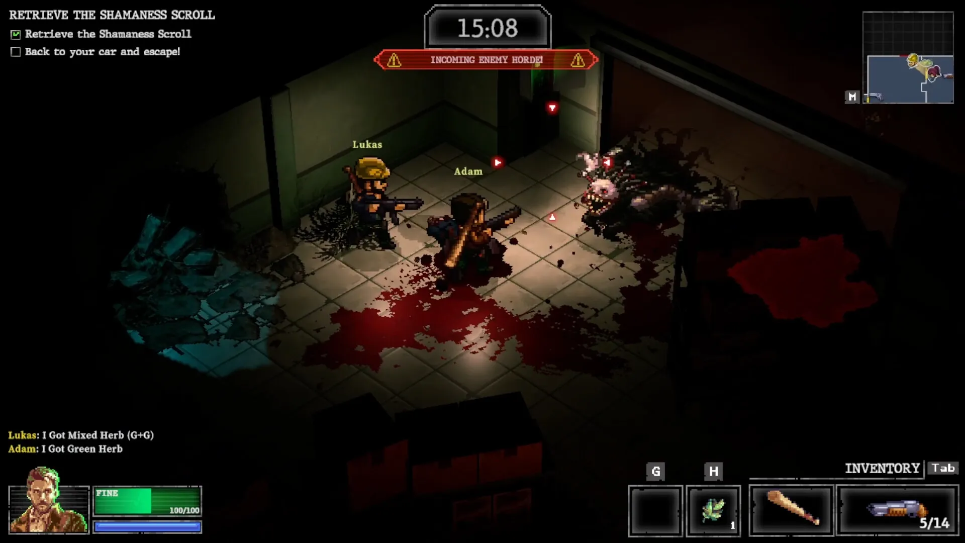 Whisper Mountain Outbreak: Lukas and Adam confront enemy horde in a blood-splattered corridor at 15:08.