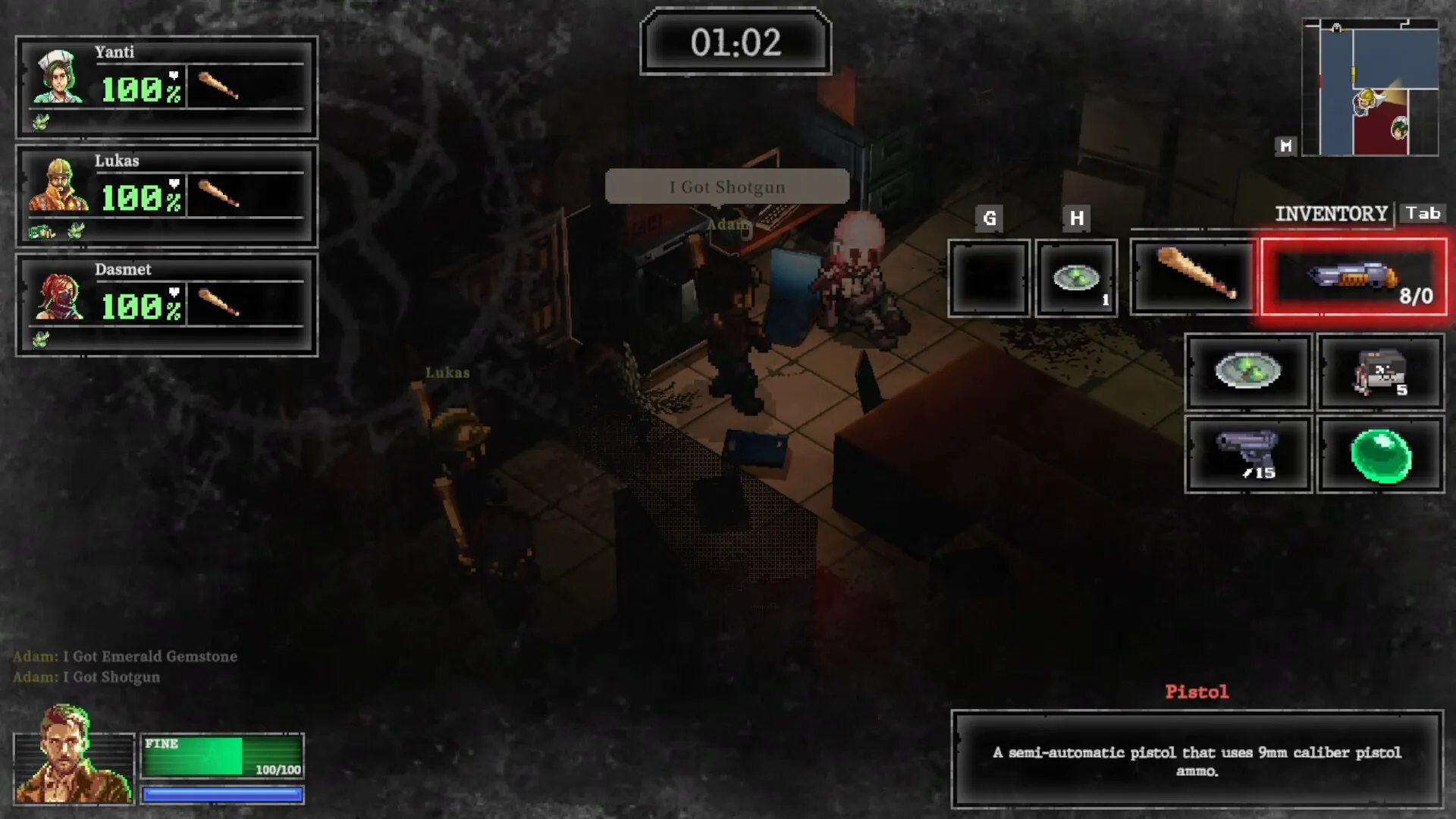 Whisper Mountain Outbreak: Adam acquires shotgun in dimly lit room with inventory UI and character stats.