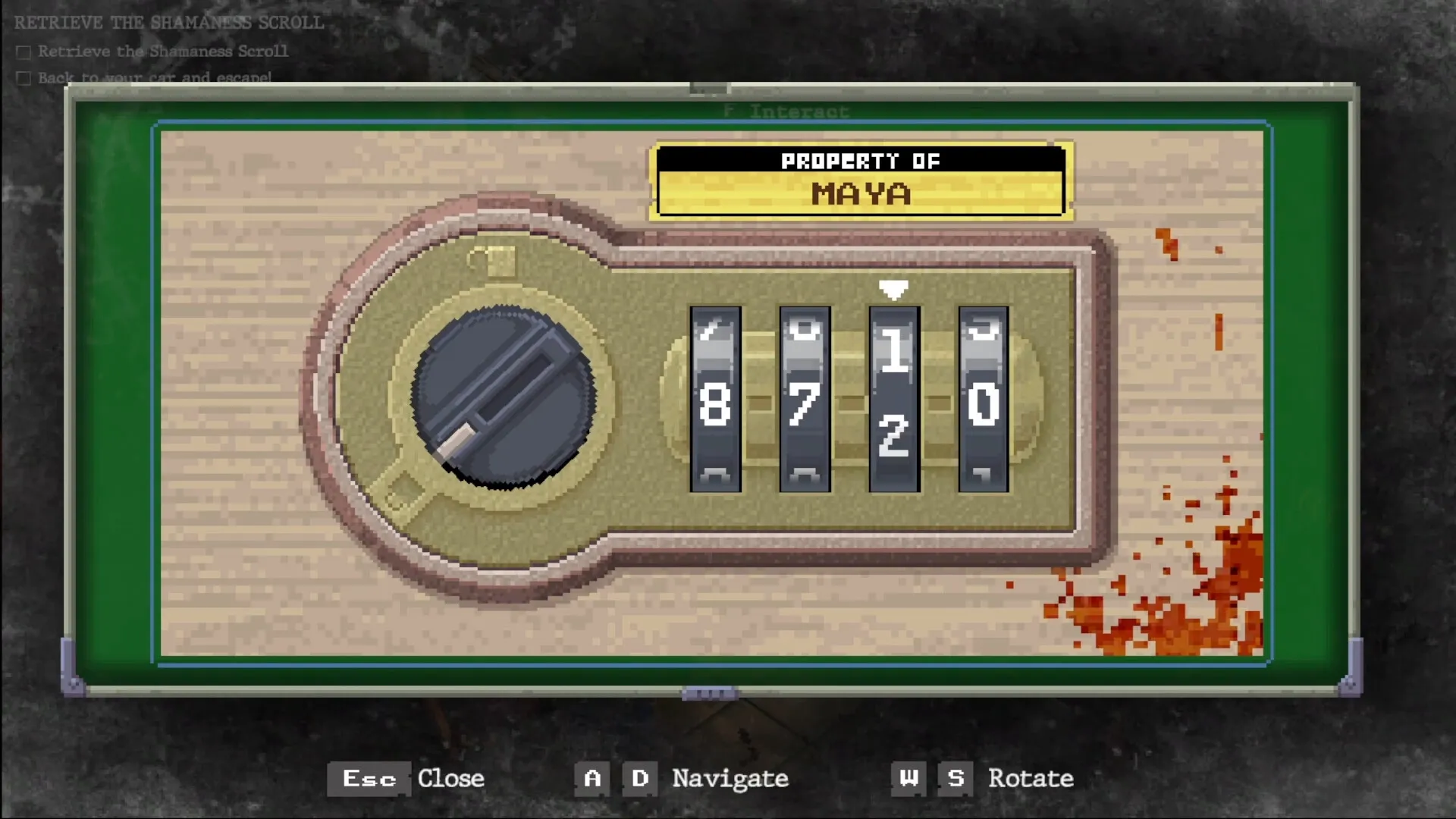 Whisper Mountain Outbreak: Combination lock puzzle with bloodstains on wooden surface, UI navigation keys.