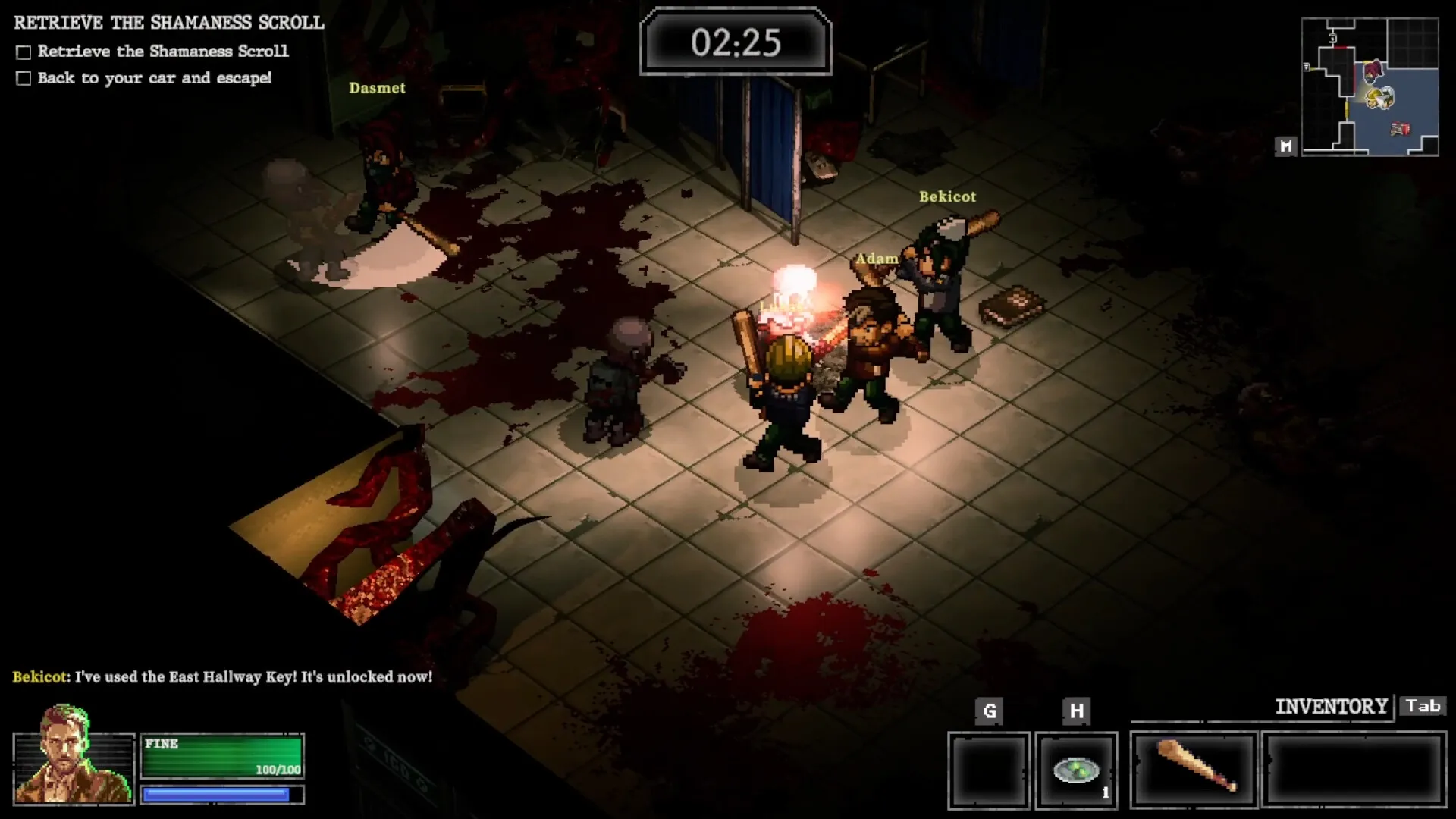 Whisper Mountain Outbreak: Three characters combat a zombie in a blood-stained corridor with timer.
